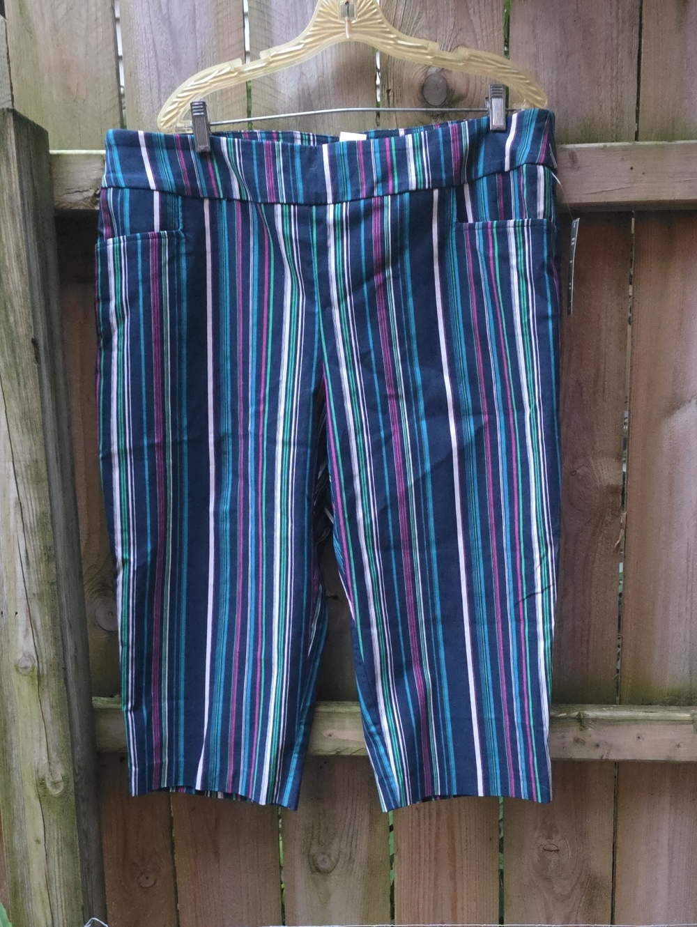 Striped Capri Pants - Navy with Teal & Pink Stripes